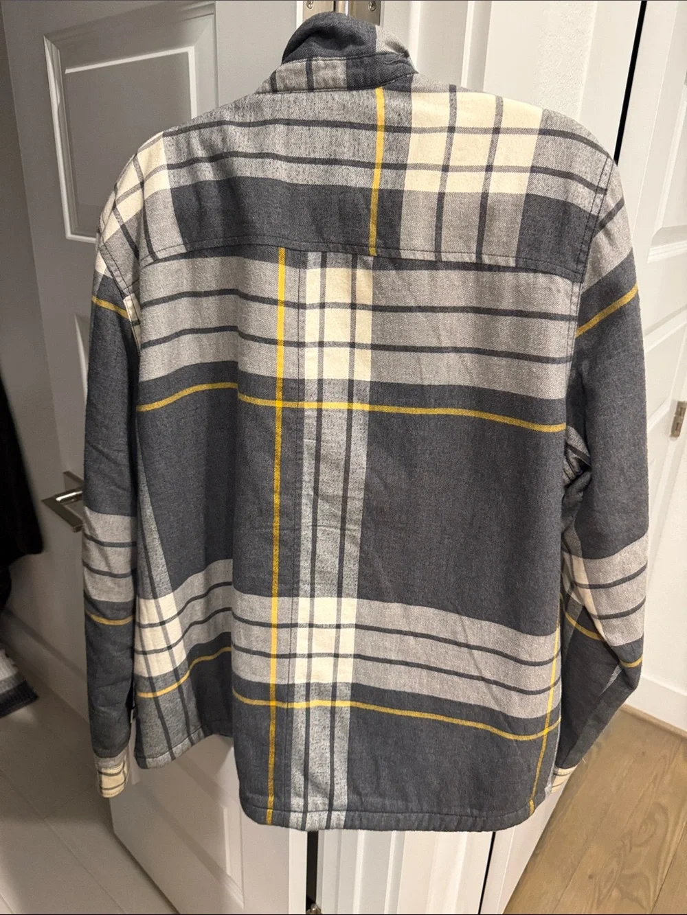 The North Face Men's Gray Plaid Sherpa Shirt Jacket with Yellow Accents